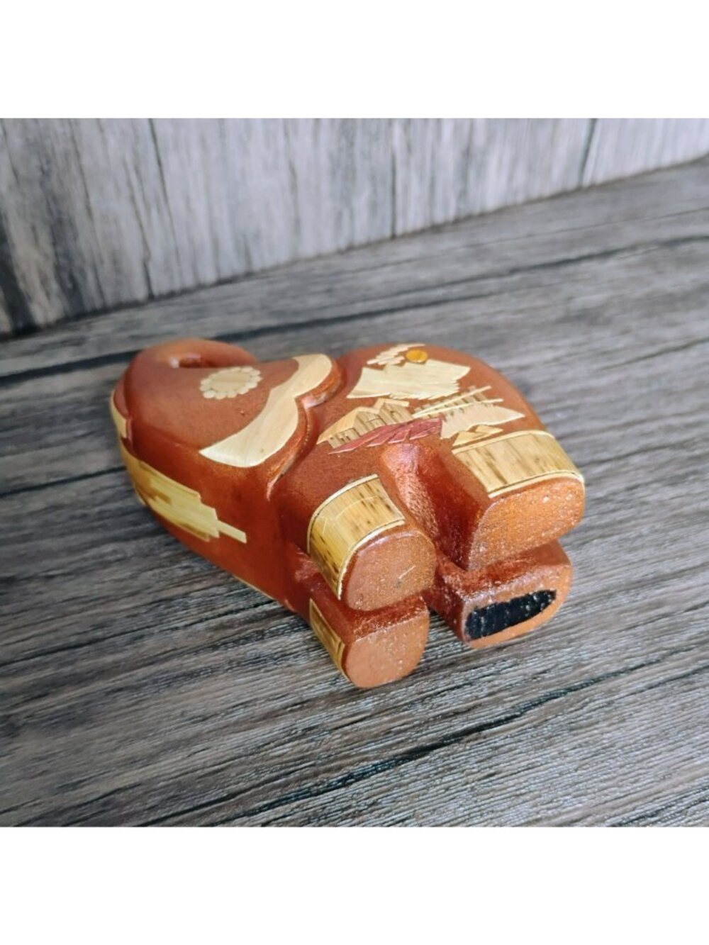 Handcrafted Wooden Elephant Figurine With Ornate Asian Veneer Accents 4", Trunk - Picture 6 of 9